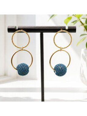 Gold & Blue Double Hoop Statement Earrings With Textured Beaded Accent